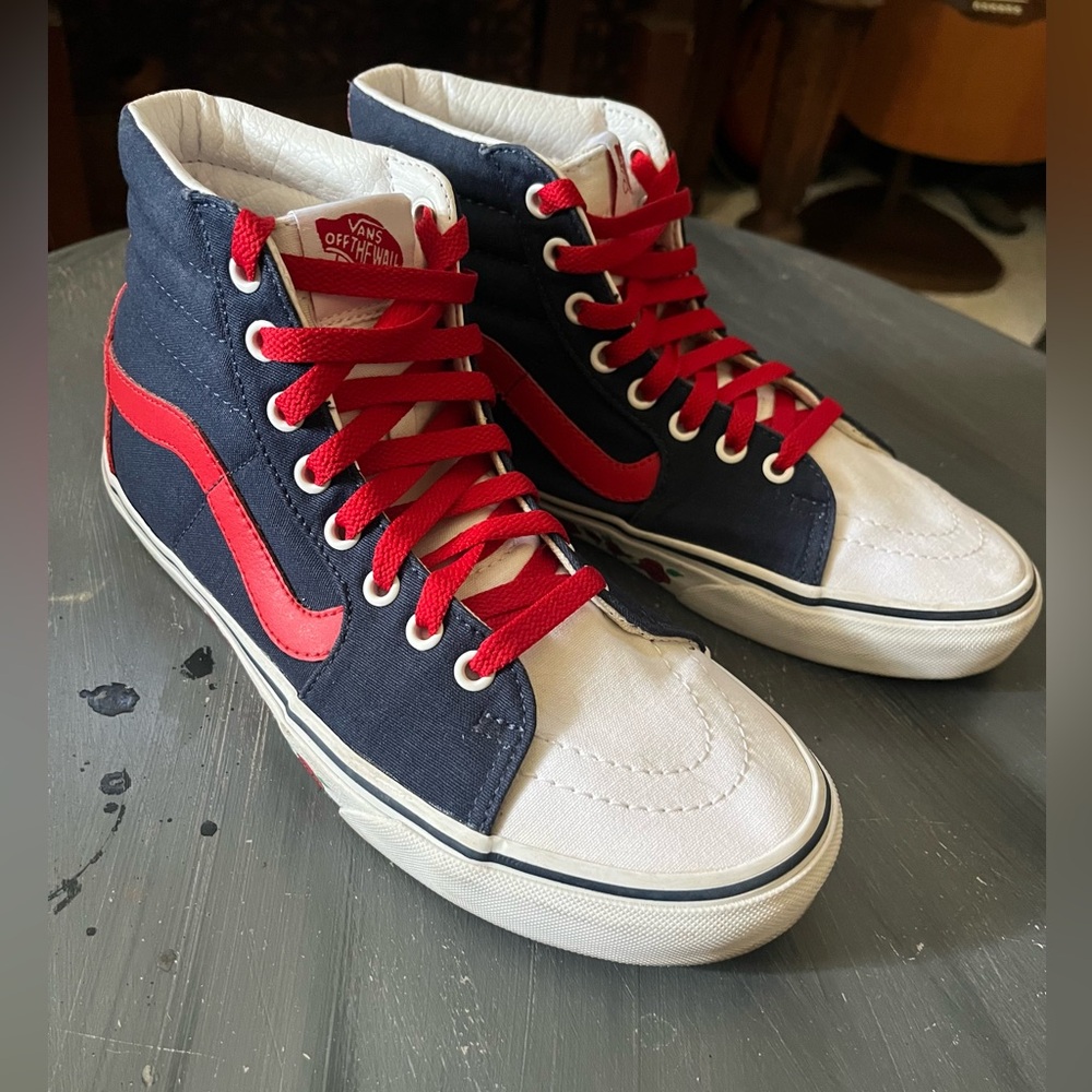 Vans Customs Old Skool Skate High-Top Sneakers in Navy and Red with Roses